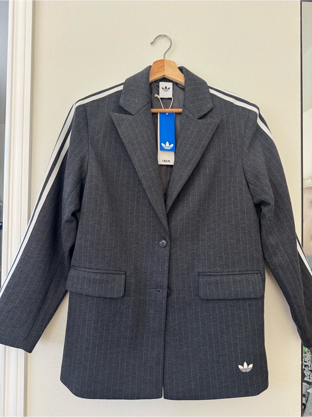 adidas Charcoal Pinstripe Blazer with White Three-Stripes